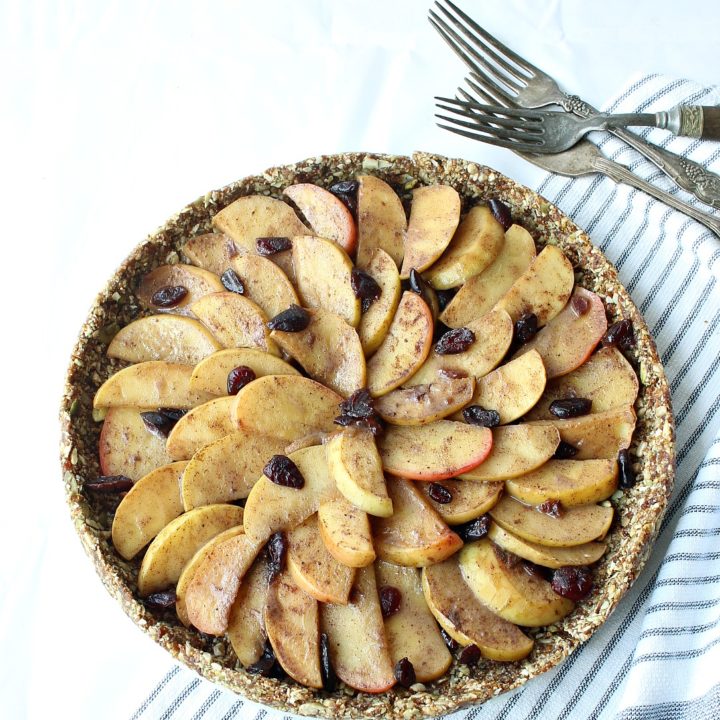 Gluten-free, no bake, apple pie, wrapped in a nutritious seed crust. Vegan, Nut-free, Paleo