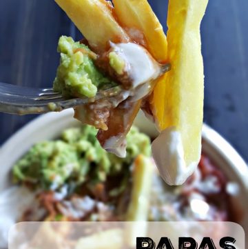 Papas Nachos The heartiest, most delicious allergy-friendly twist on nachos I've ever had. Crispy organic french fries, fresh avocado mash, refried beans, salsa, sour cream and diced tomatoes layered with a quick and easy vegan melted cheese.