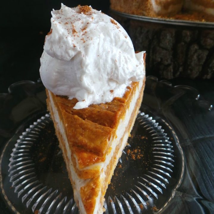 Delicious Vanilla Pumpkin Swirl cheesecake with cookie crust for the next holiday dessert table.