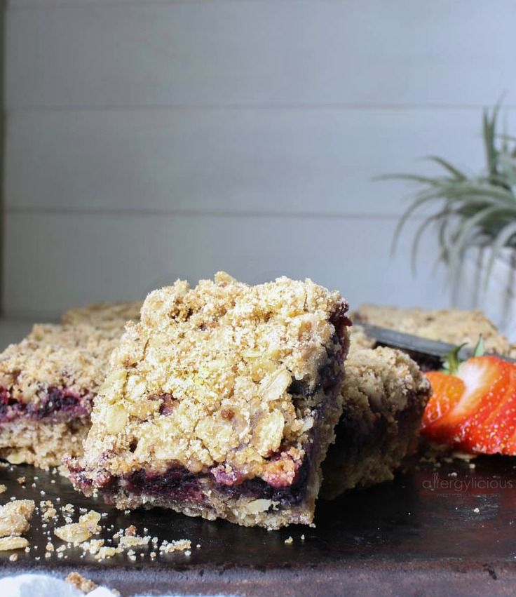 Triple Berry SunButter Bars - Fast, easy, allergy-friendly, Great for breakfast, snacks, or a healthy dessert!! The big crumbles are irresistible! Make these bars year round!!