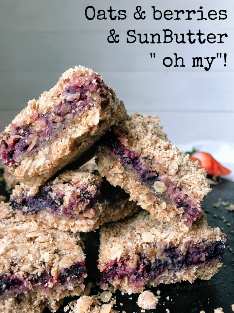 Triple Berry SunButter Bars - Fast, easy, allergy-friendly, Great for breakfast, snacks, or a healthy dessert!! The big crumbles are irresistible! Make these bars year round!!