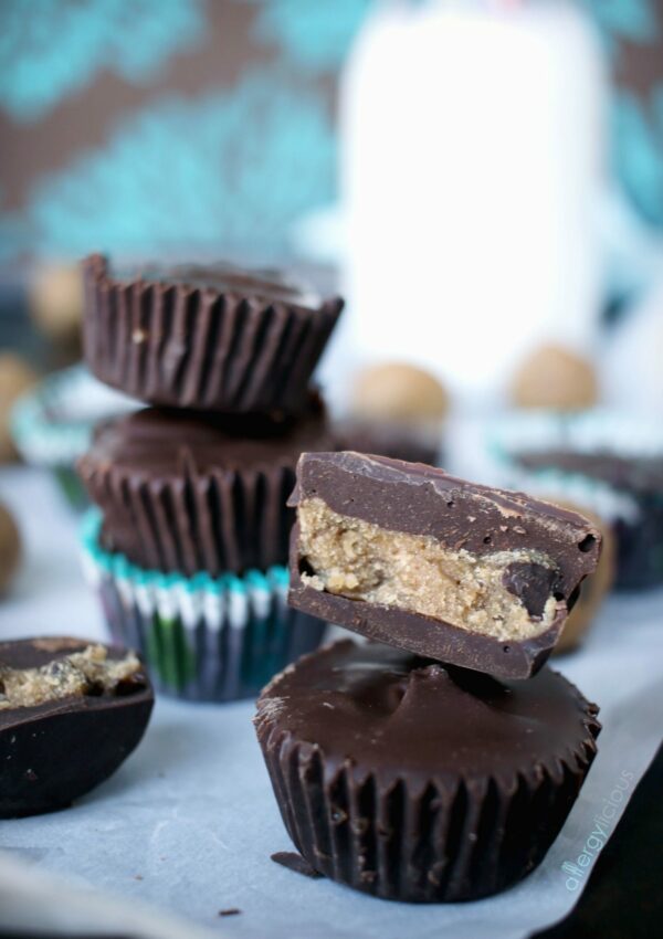 Raw, vegan cookie dough center in a delicious chocolate cup