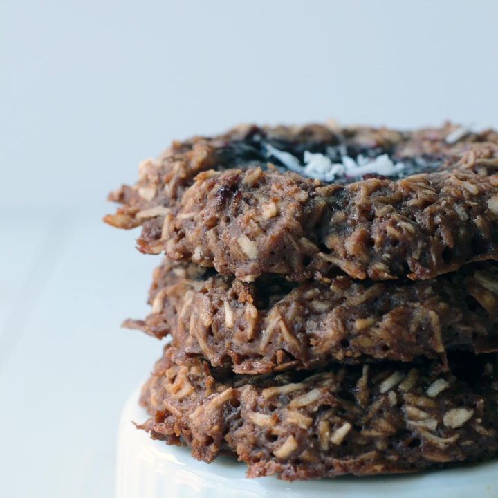 You're going to love these chewy, coconut & chocolate cookies made from a few simple ingredients. Not too sweet but perfect for dessert or breakfast.