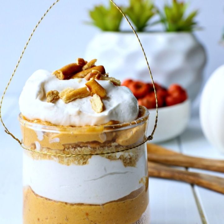 This no-bake pumpkin cheesecake parfait is the ultimate sweet ending to your holiday feast. Vegan & Gluten-free