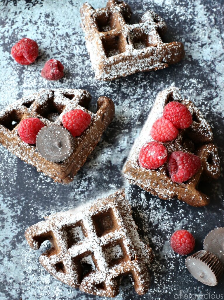 These Double Chocolate Waffles are not only easy to make, but also rich in chocolate-y goodness. All you need are a few allergy-friendly ingredients and they turn out light, fluffy & scrumptious! Truly one of our favorite Vegan & gluten-free waffle recipes! #glutenfree #vegan #allergyfriendly #dairyfree #chocolate #waffles