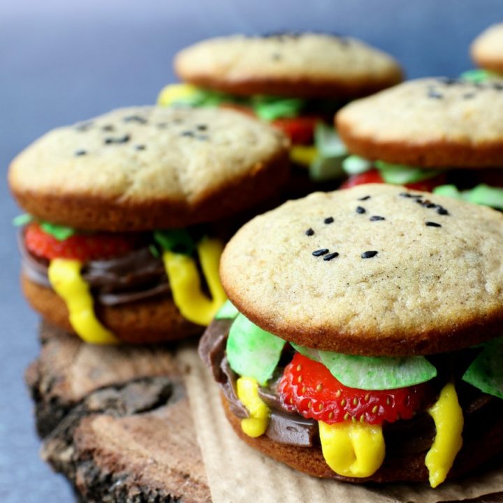 Whoopie Pie Burgers on wooden stand