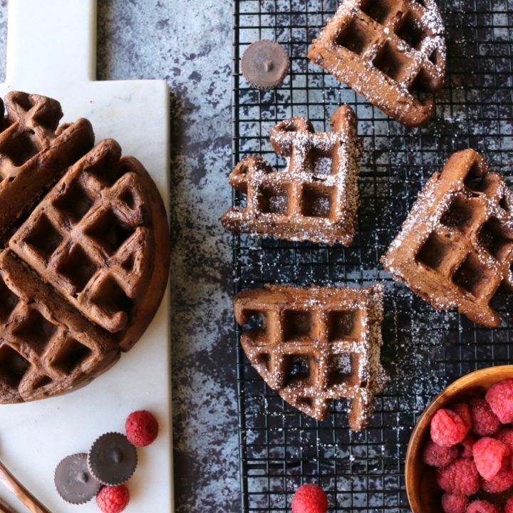 These Double Chocolate Waffles are not only easy to make, but also rich in chocolate-y goodness. All you need are a few allergy-friendly ingredients and they turn out light, fluffy & scrumptious! Truly one of our favorite Vegan & gluten-free waffle recipes! #glutenfree #vegan #allergyfriendly #dairyfree #chocolate #waffles