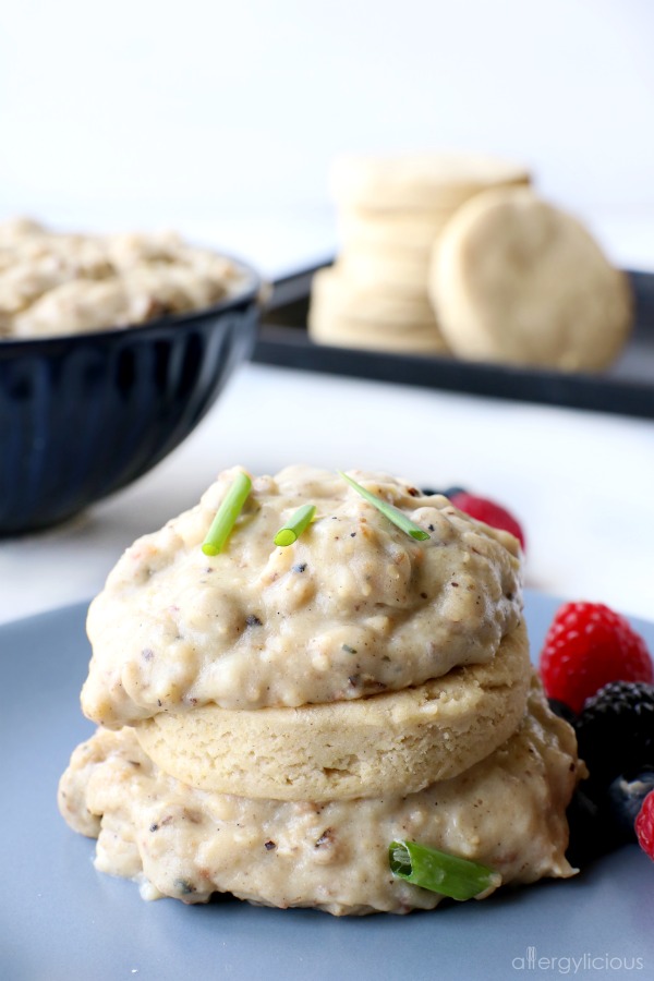 Delicious dairy-free gravy stacked on biscuits