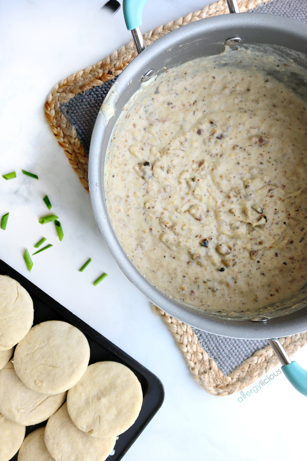 large pan of biscuits and gravy