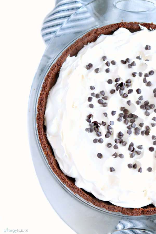 Top shot of vegan chocolate cream pie