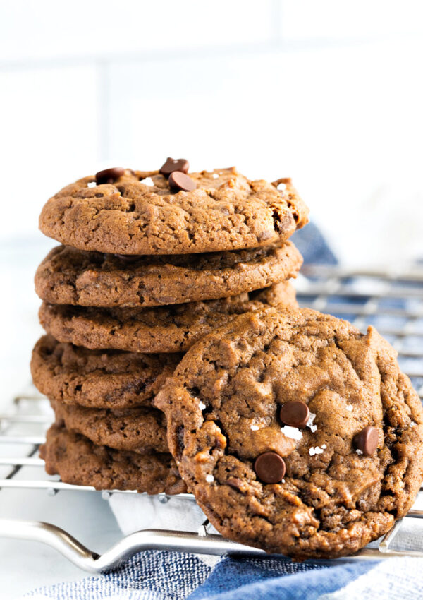 stacked pumpkin cookies with chocolate chips